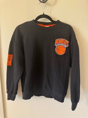 Mitchell & Ness Black Knicks Crewneck Sweatshirt with Orange Logo